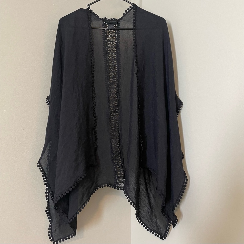 Steve Madden Black Sheer Kimono/Swim cover up with Pom Pom Trim